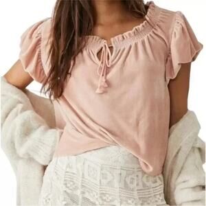Free People Womens Terese Velvet Crop Top Small Pink Smocked Tie Neck Oversized